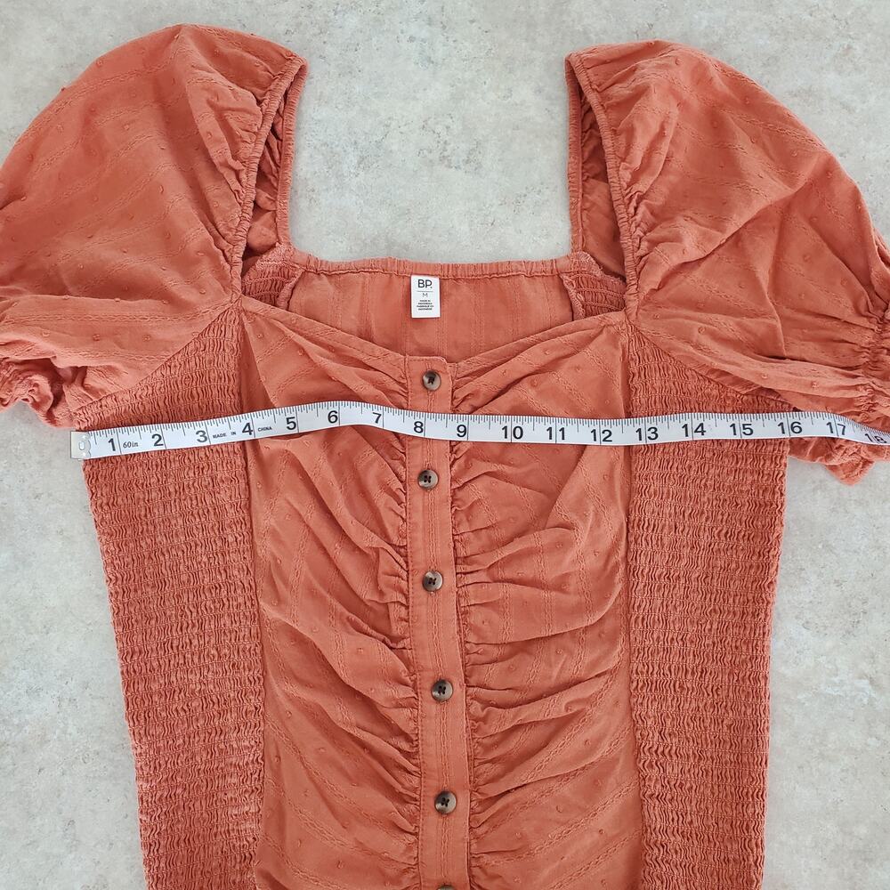 BP. Swiss Dot Ruched Puff Sleeve Top Rust Orange Size M - Picture 8 of 9